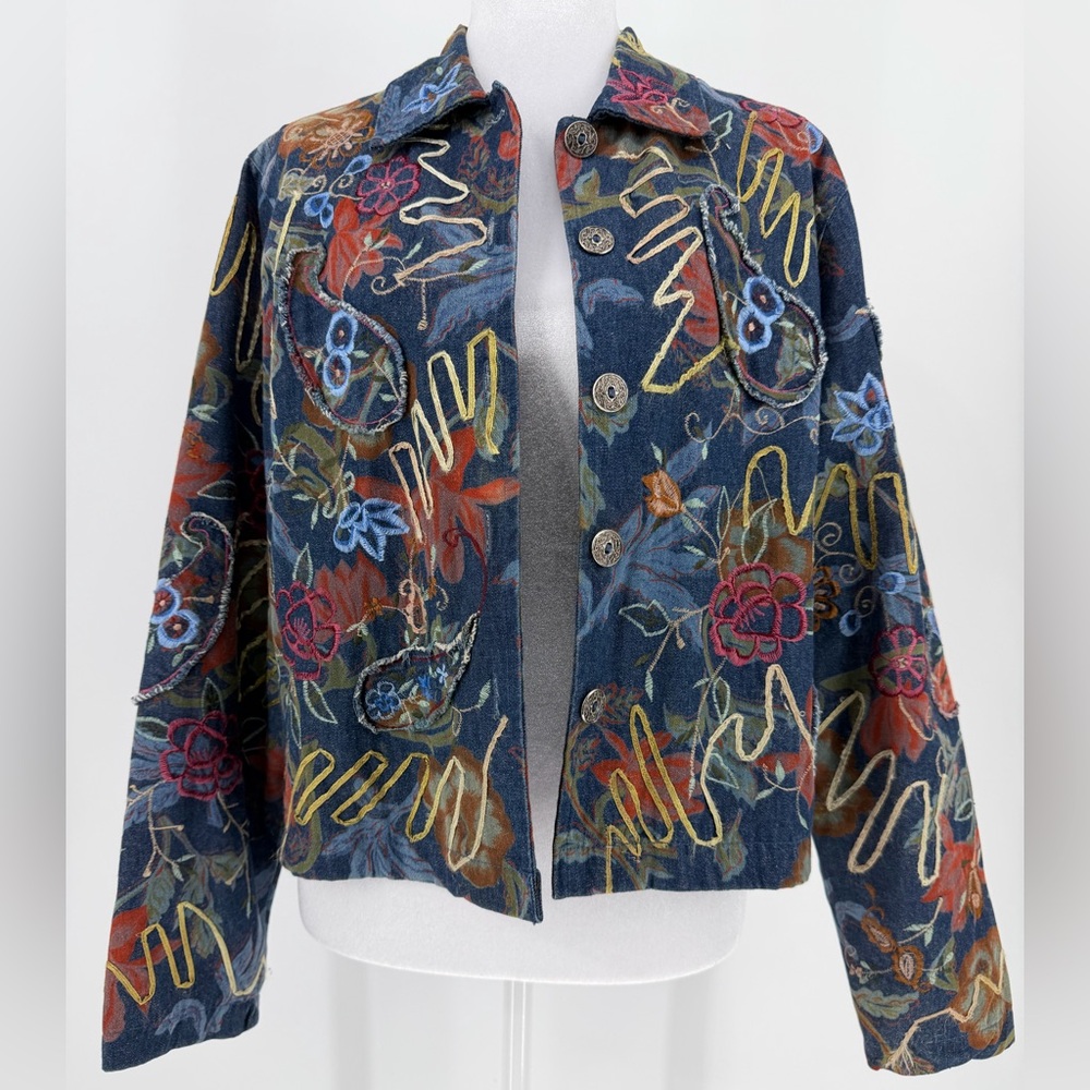 Life Style Embroidered Floral Jacket Boho Artsy Statement Coat Size M